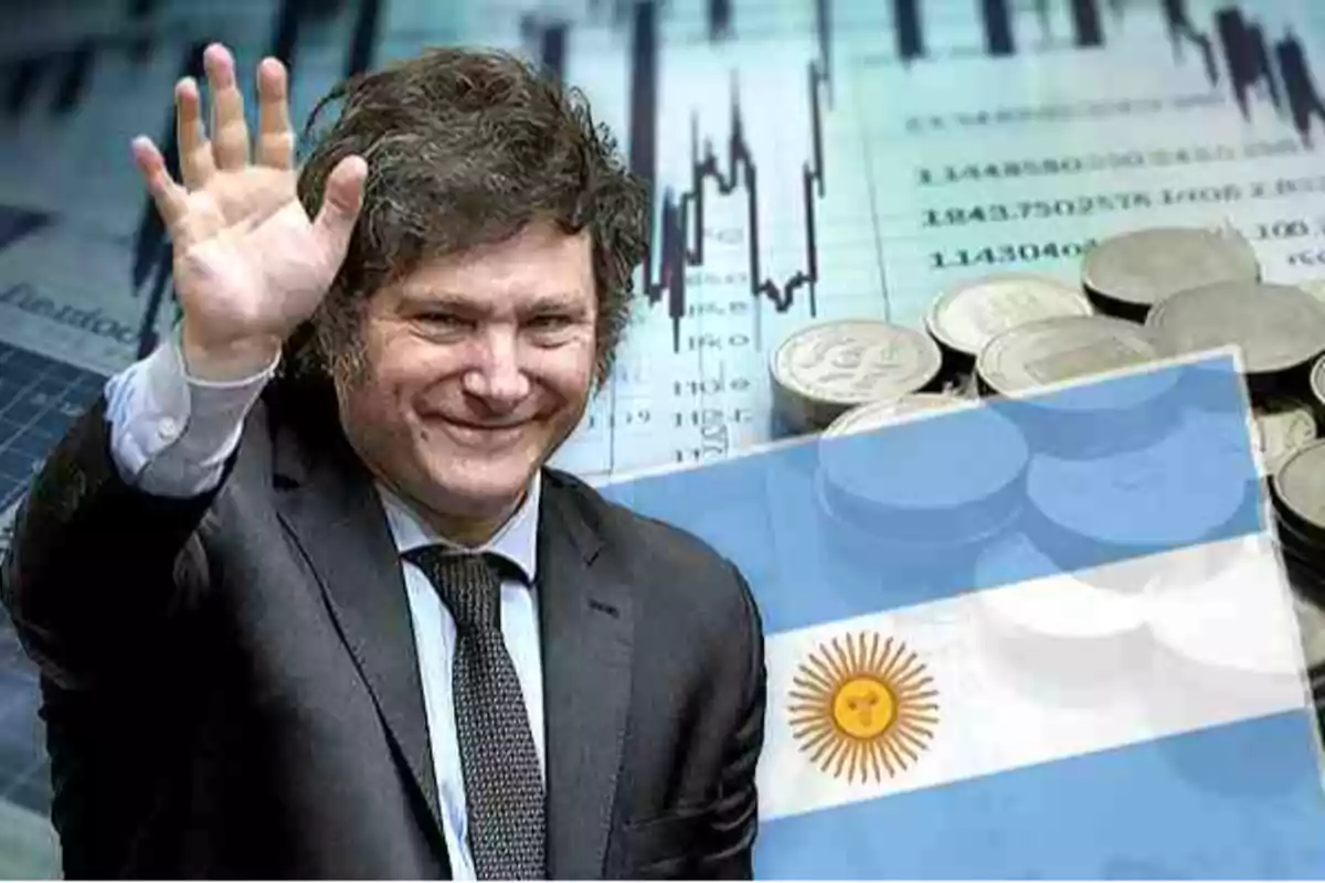 A smiling man in a suit and tie raises his hand in a greeting gesture in front of a background of financial charts, coins, and the Argentine flag.