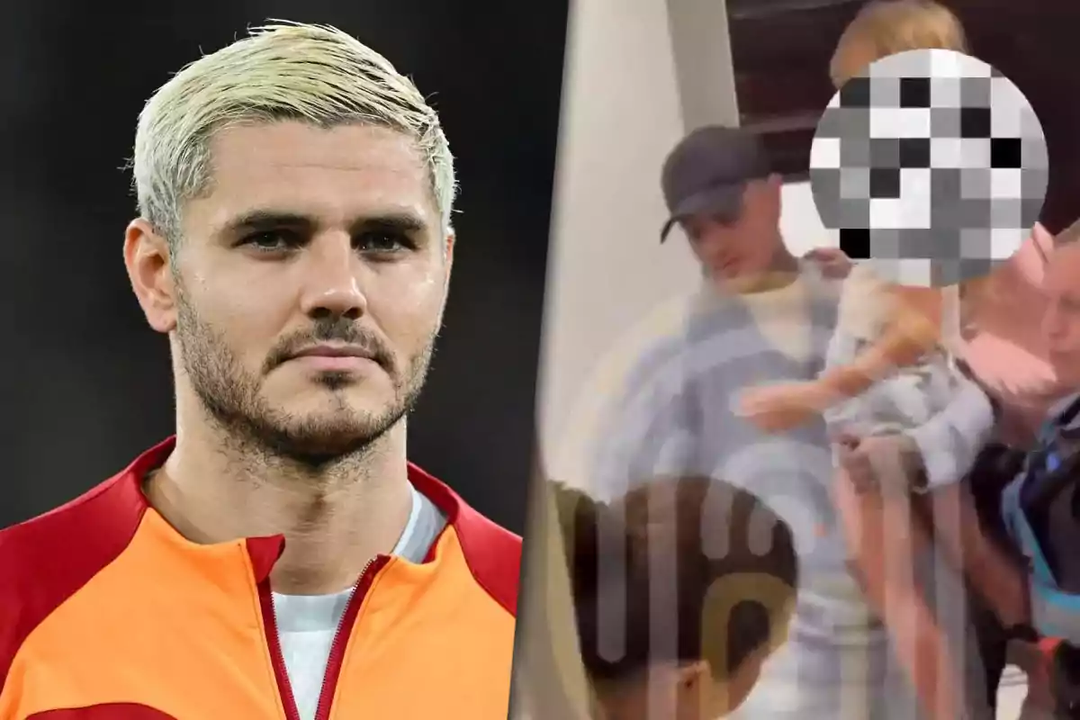 A man with blonde hair and a beard in a sports uniform on the left and on the right a blurred scene with several people, one of them holding a child with a pixelated face.