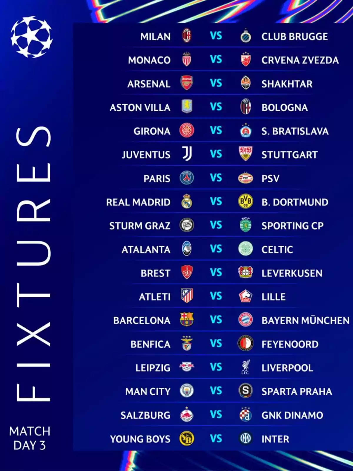 Lista de partidos de fútbol de la jornada 3: Milan contra Club Brugge, Monaco contra Crvena Zvezda, Arsenal contra Shakhtar, Aston Villa contra Bologna, Girona contra S. Bratislava, Juventus contra Stuttgart, Paris contra PSV, Real Madrid contra B. Dortmund, Sturm Graz contra Sporting CP, Atalanta contra Celtic, Brest contra Leverkusen, Atleti contra Lille, Barcelona contra Bayern München, Benfica contra Feyenoord, Leipzig contra Liverpool, Man City contra Sparta Praha, Salzburg contra GNK Dinamo, Young Boys contra Inter.