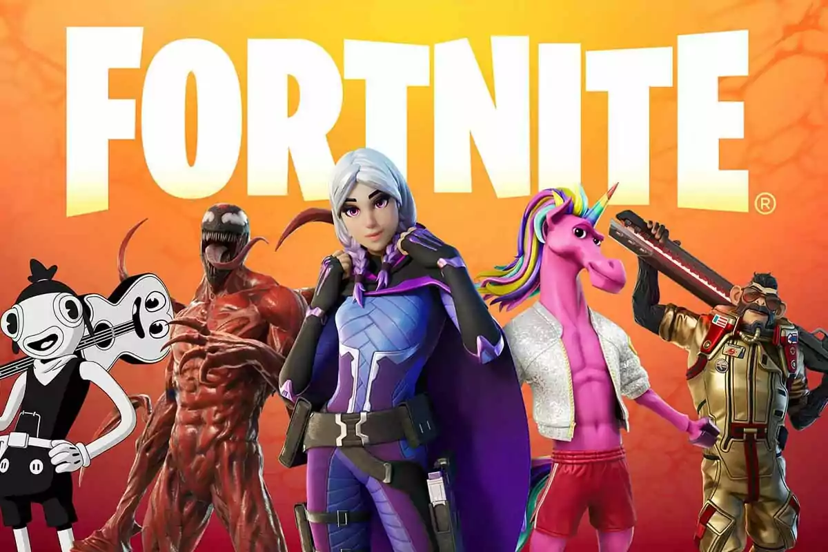 Fortnite characters posing in front of an orange background with the game logo. Fortnite characters posing in front of an orange background with the game logo.