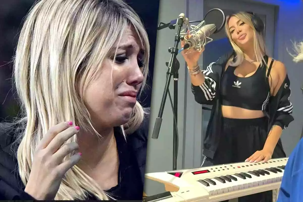 A blonde woman appears crying on the left of the image, while on the right she is in a recording studio with headphones, a microphone, and a keyboard.