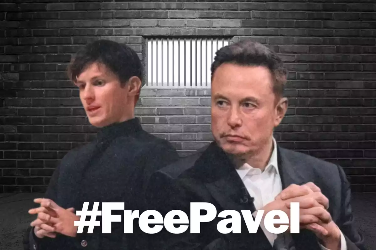 Dos hombres con expresión seria están frente a una pared de ladrillos con una ventana de barrotes, y en la parte inferior de la imagen se encuentra el texto "#FreePavel".