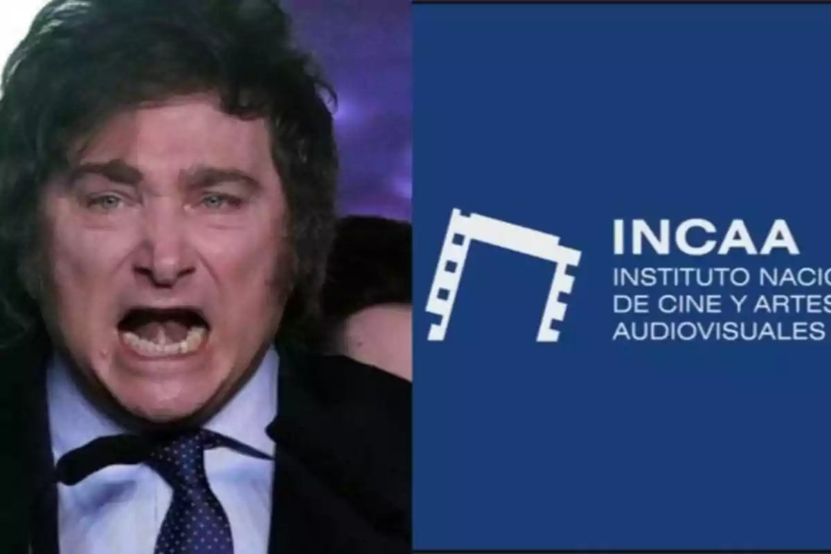 A man with an intense expression next to the INCAA logo, National Institute of Cinema and Audiovisual Arts. A man with an intense expression next to the INCAA logo, National Institute of Cinema and Audiovisual Arts.