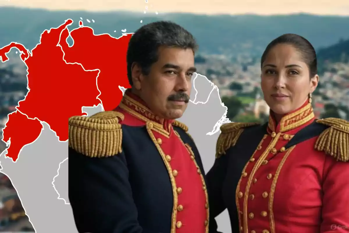 Two people dressed in historical military uniforms pose in front of a map of South America, with a part of the map highlighted in red.