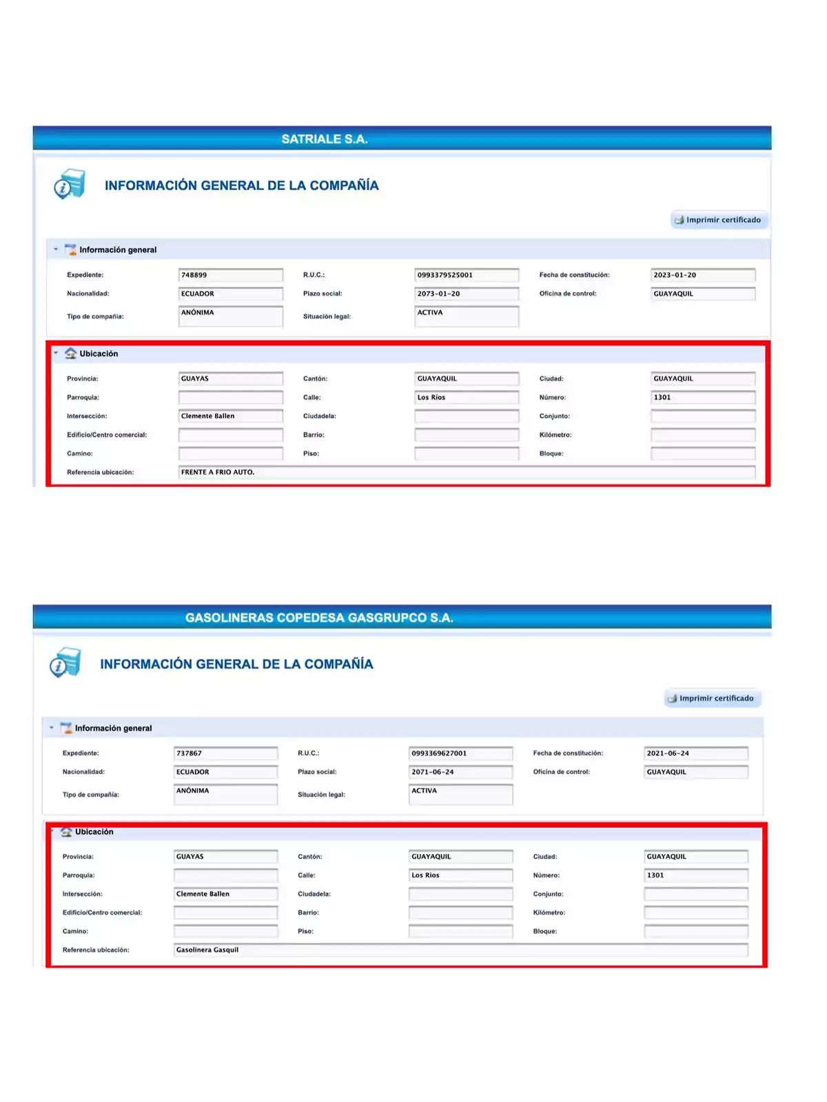 Dos capturas de pantalla de información general de compañías en Ecuador, mostrando detalles como el RUC, fecha de constitución, tipo de compañía, situación legal y ubicación, incluyendo provincia, cantón, ciudad y dirección específica. Dos capturas de pantalla de información general de compañías en Ecuador, mostrando detalles como el RUC, fecha de constitución, tipo de compañía, situación legal y ubicación, incluyendo provincia, cantón, ciudad y dirección específica.