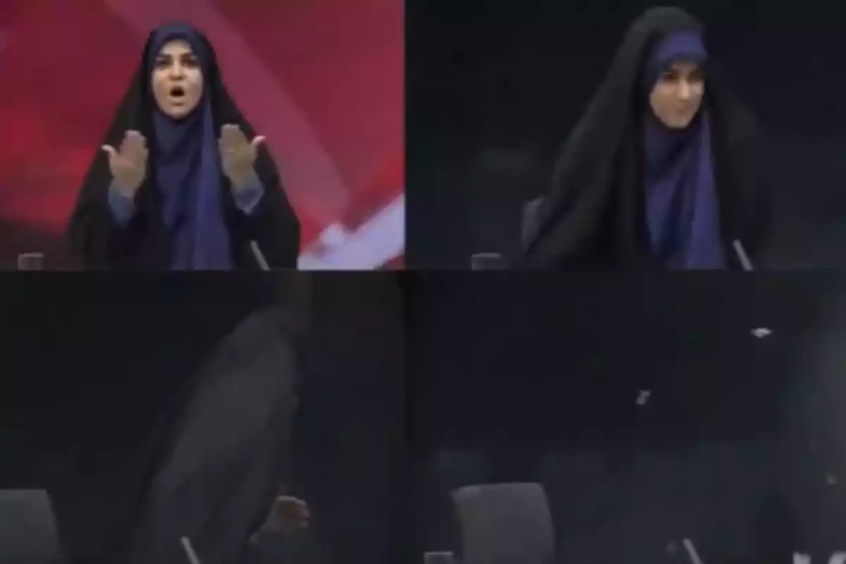 Una presentadora vestida con hiyab oscuro reacciona sorprendida y se agacha rápidamente mientras papeles vuelan en el aire en un set de televisión. Una presentadora vestida con hiyab oscuro reacciona sorprendida y se agacha rápidamente mientras papeles vuelan en el aire en un set de televisión.