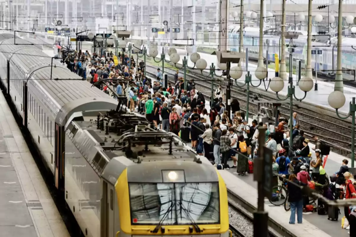 Busy train station with many people waiting on the platform next to a stopped train