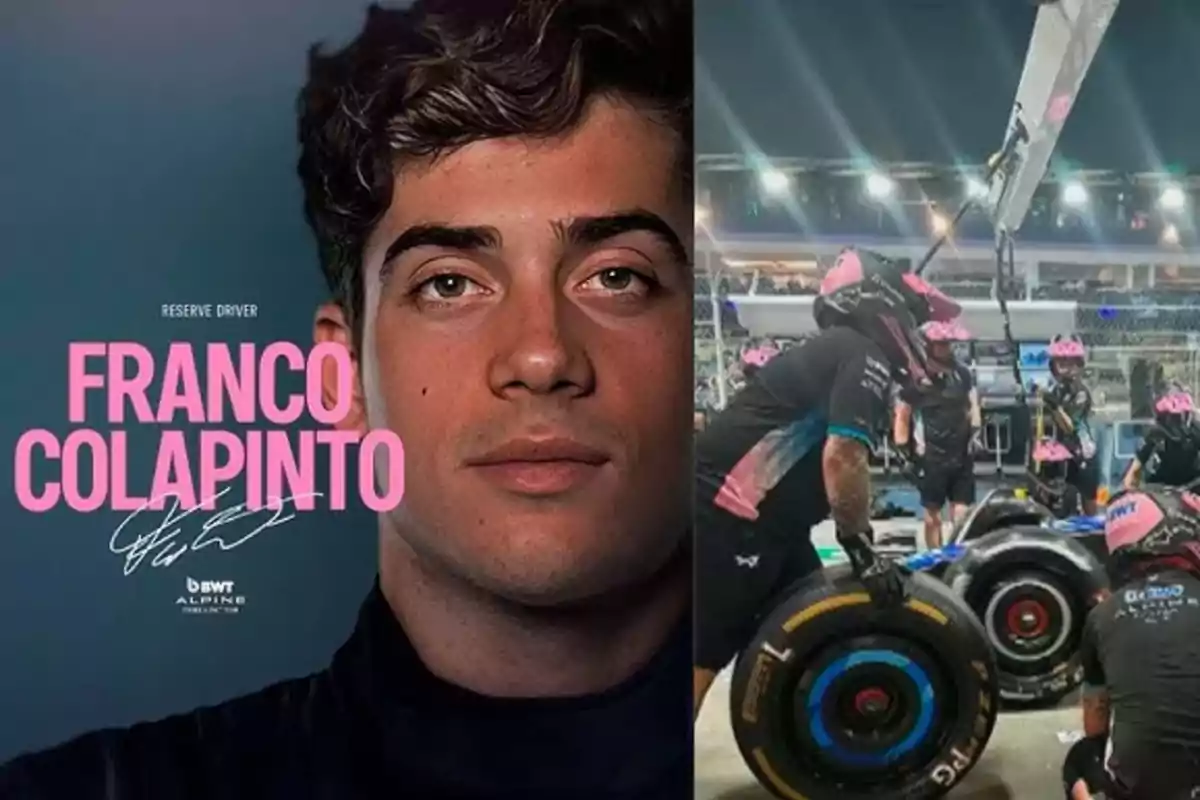 Franco Colapinto junto a una imagen de un equipo de boxes trabajando en un auto de Fórmula 1 de Alpine. Franco Colapinto junto a una imagen de un equipo de boxes trabajando en un auto de Fórmula 1 de Alpine.