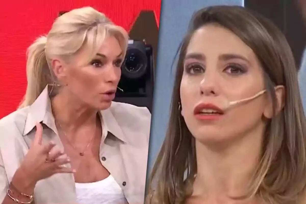 Dos mujeres en un programa de televisión, una de ellas está hablando con gestos expresivos mientras la otra escucha con un micrófono en la mejilla.