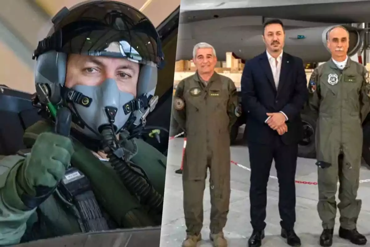 Un piloto con casco y máscara de oxígeno levanta el pulgar mientras está en la cabina de un avión; a la derecha, tres hombres posan frente a un avión, dos de ellos con uniformes de vuelo y uno con traje formal, Luis Petri, ministro de defensa.