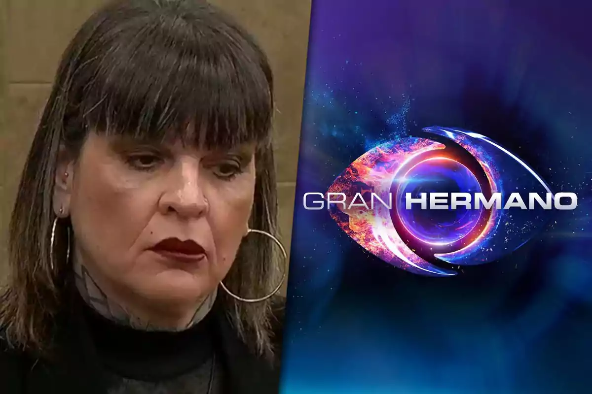 Mujer de expresión seria junto al logo del programa Gran Hermano sobre un fondo azul y morado