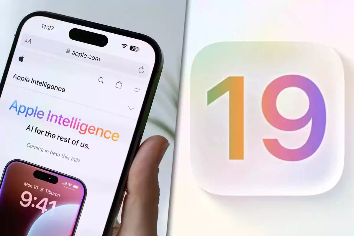 Un teléfono mostrando una página web de "Apple Intelligence" junto a un logotipo colorido con el número 19.