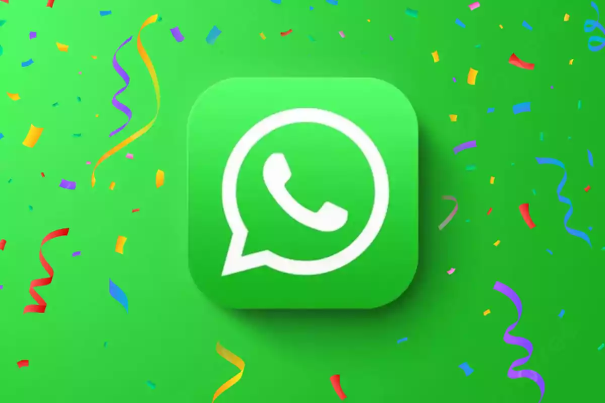 Icono de WhatsApp sobre un fondo verde con confeti de colores, representando la nueva función de WhatsApp para crear una animación al reaccionar con un emoji para Navidad y Fin de Año 2024.