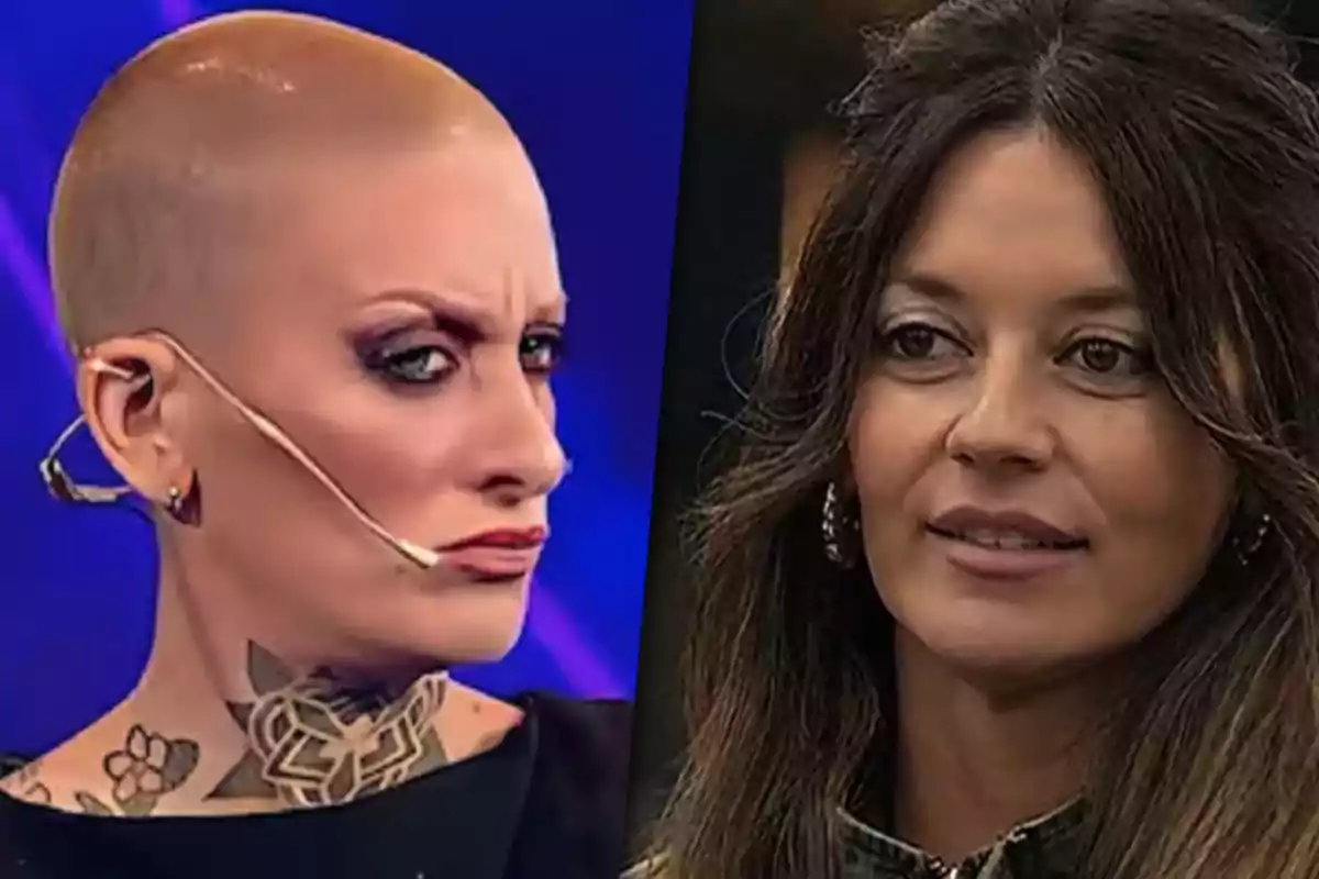 Dos personas en un programa de televisión, una con cabeza rapada y tatuajes en el cuello, la otra con cabello largo y oscuro.