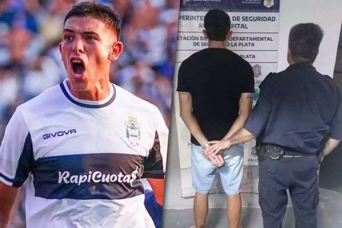 Un hombre con camiseta deportiva gritando y otra imagen de un hombre esposado de espaldas junto a un policía.