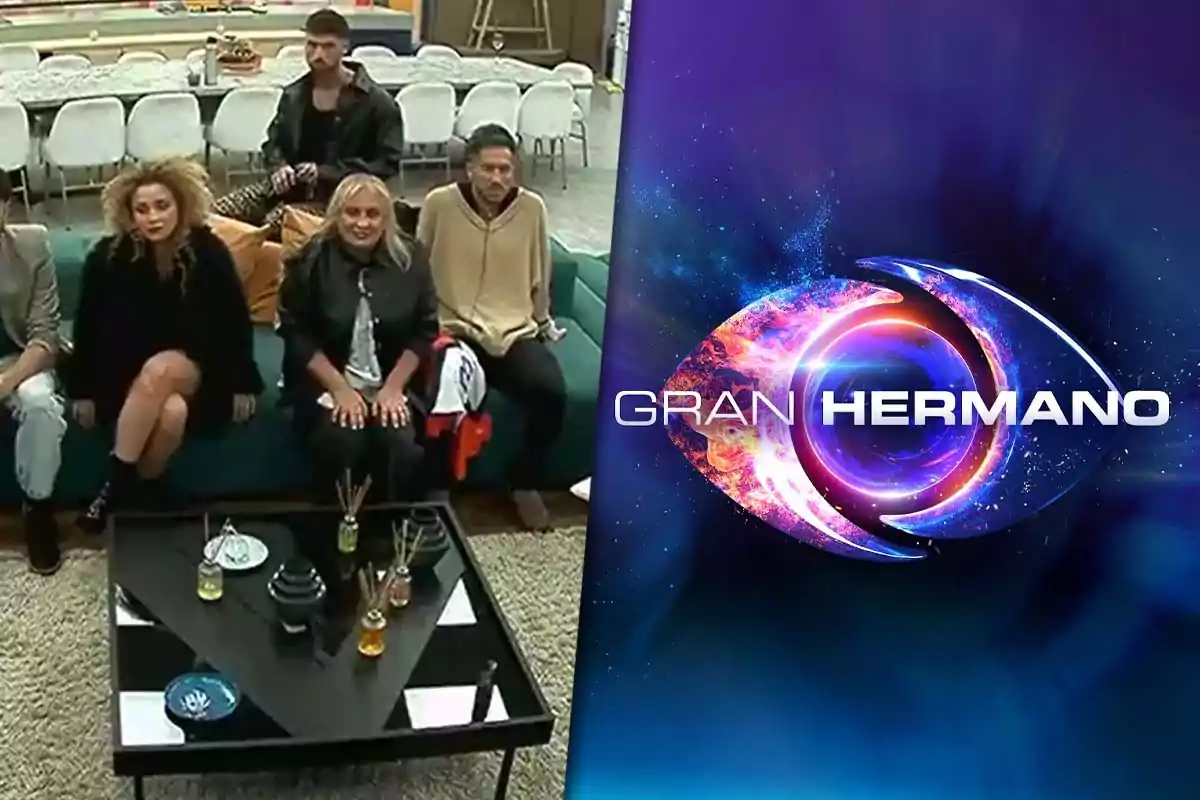 A group of people is sitting on a couch inside a house, while next to them the "Big Brother" show logo is displayed.