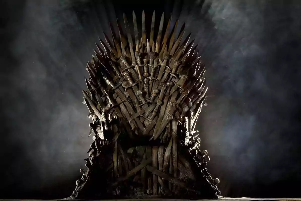 Throne made of swords with a dark background and a mysterious atmosphere Throne made of swords with a dark background and a mysterious atmosphere