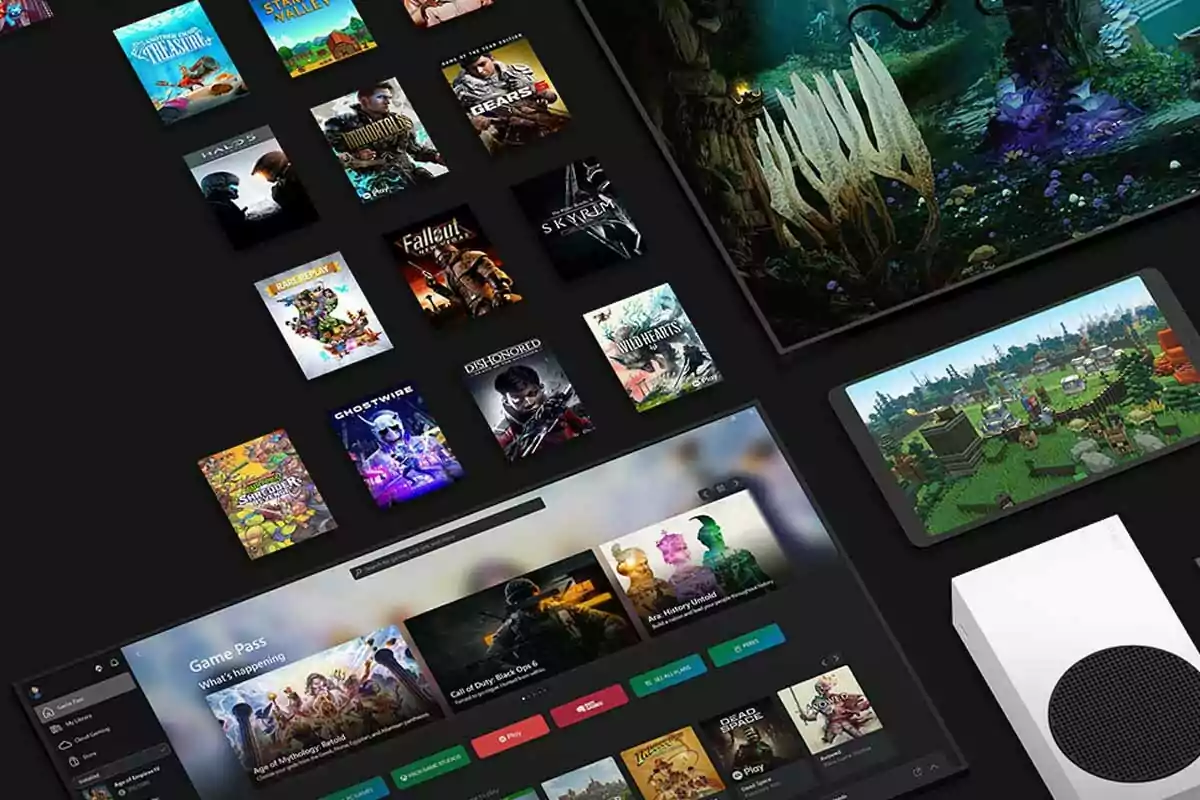 A variety of video game covers and electronic devices on a dark background. A variety of video game covers and electronic devices on a dark background.