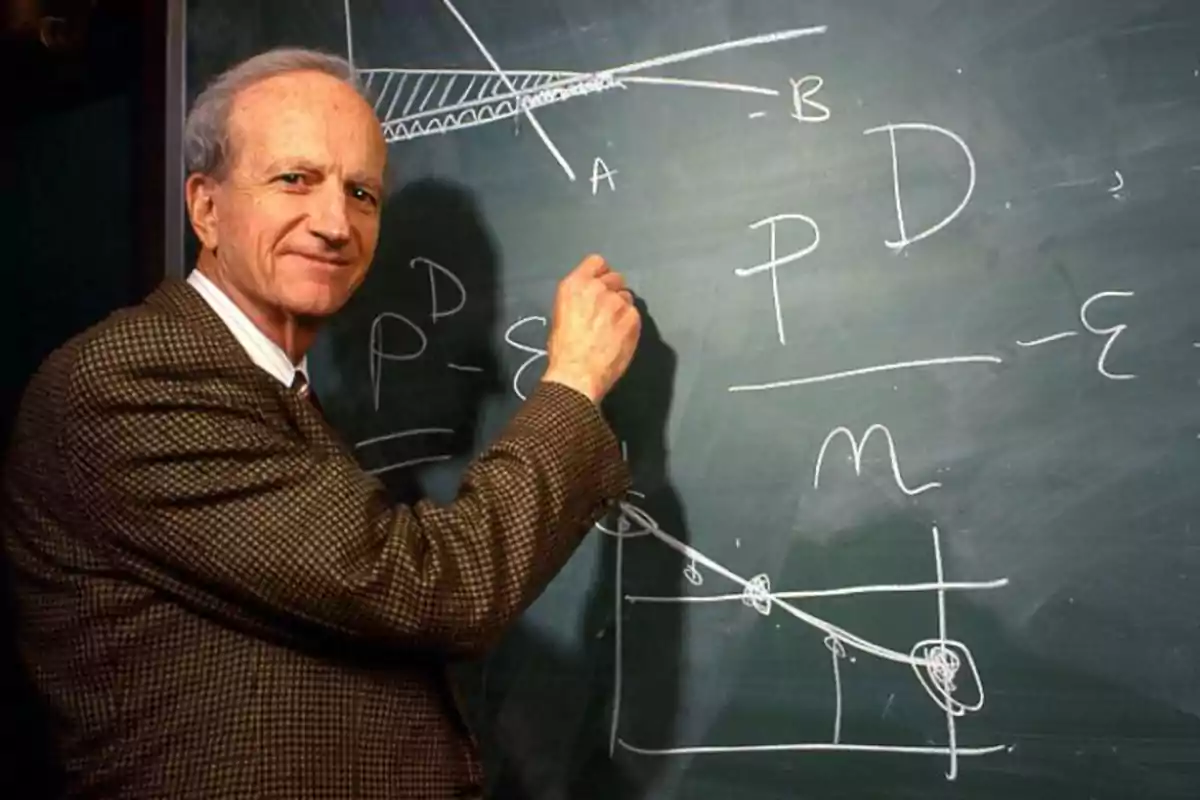 An elderly man standing in front of a chalkboard writing mathematical formulas with chalk. An elderly man standing in front of a chalkboard writing mathematical formulas with chalk.