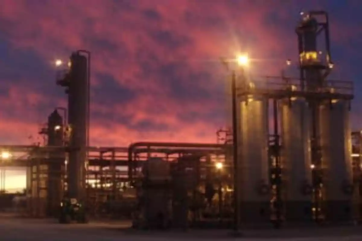 Industrial plant with metal structures illuminated at sunset with a sky of pink and purple hues.