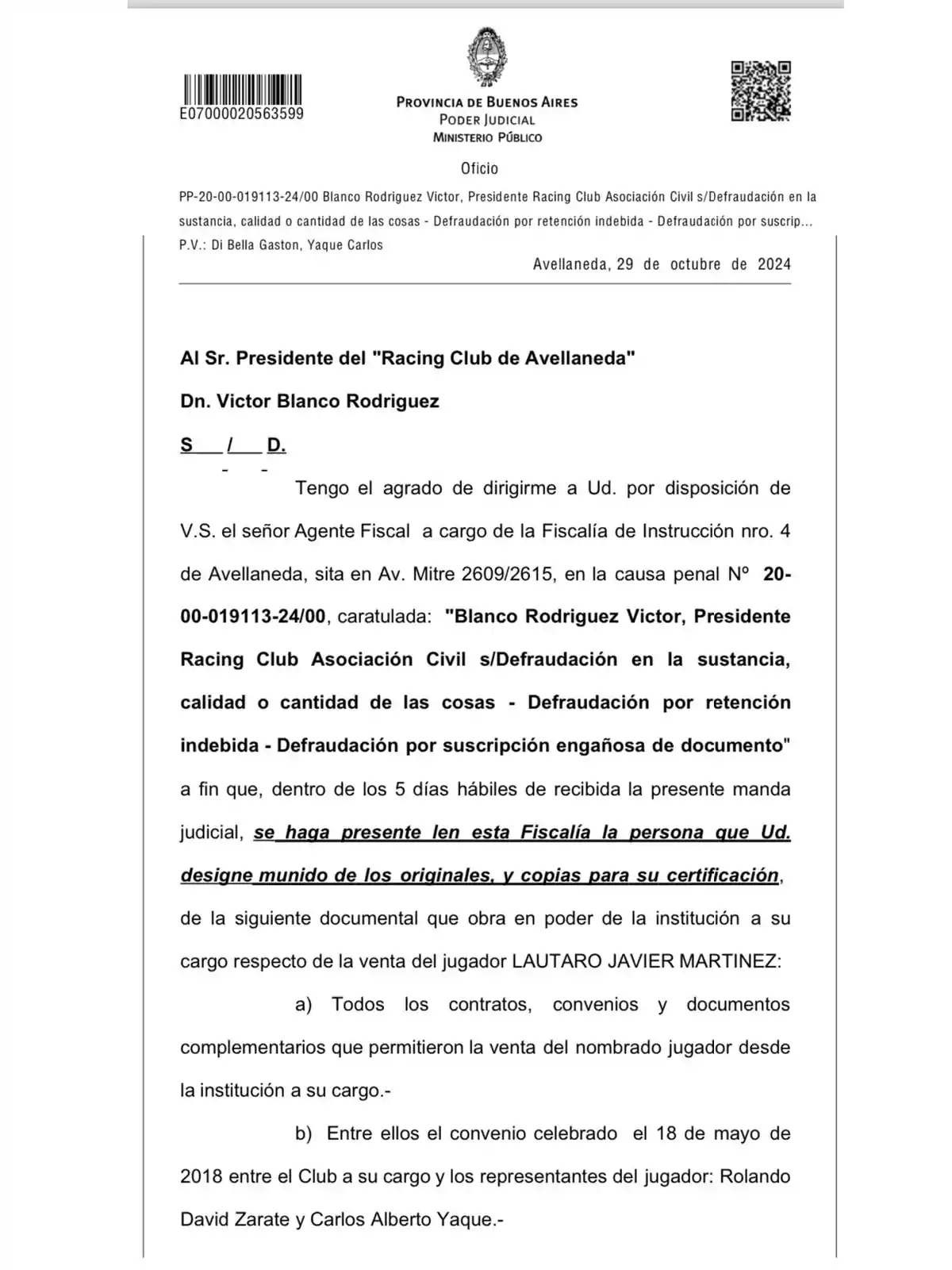 Oficio del Poder Judicial de la Provincia de Buenos Aires dirigido al presidente del Racing Club de Avellaneda, solicitando la presentación de documentación relacionada con la venta del jugador Lautaro Javier Martínez, en el marco de una causa por defraudación.