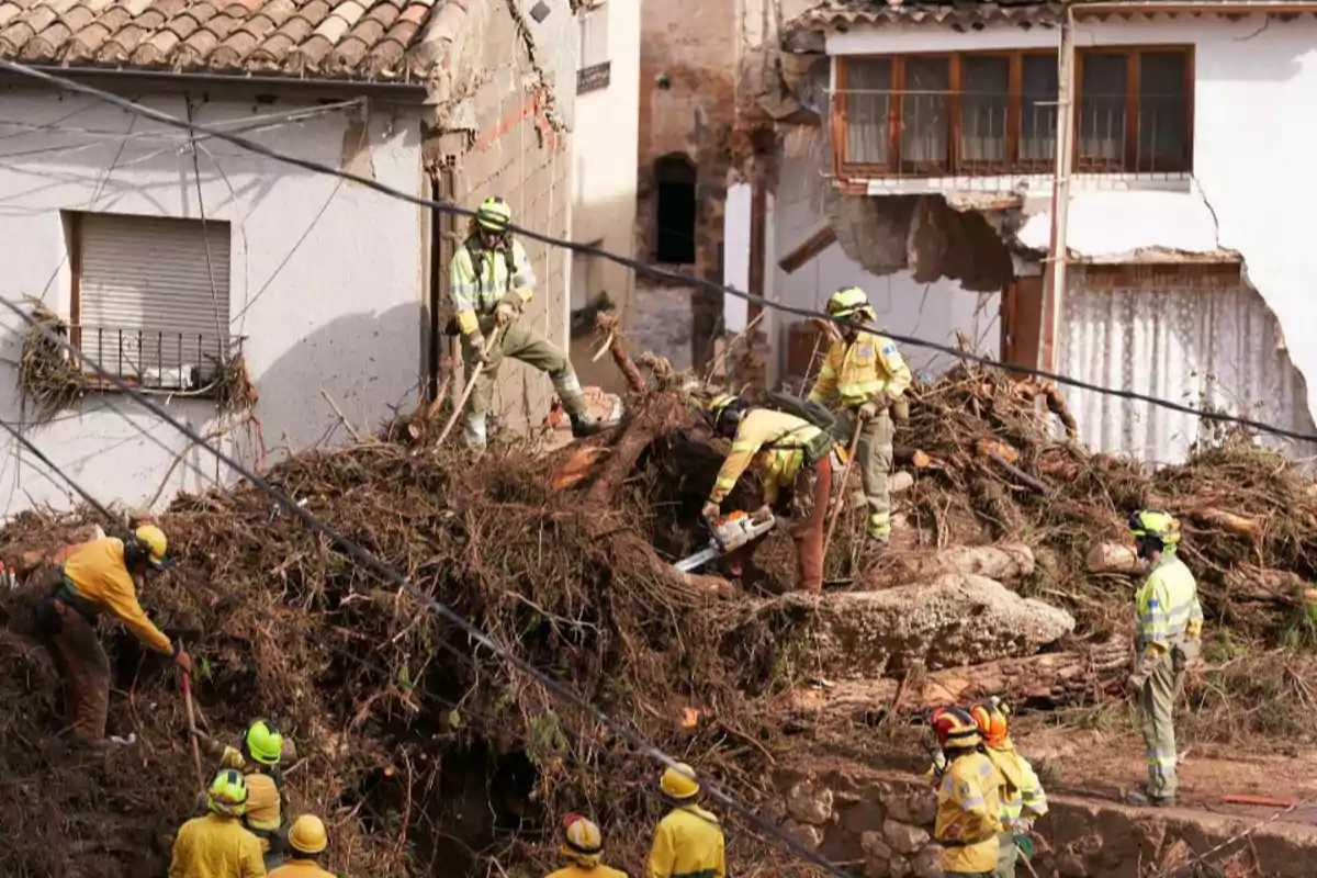 Un grupo de trabajadores de rescate con cascos y equipo de seguridad limpia escombros y ramas caídas frente a una casa dañada.