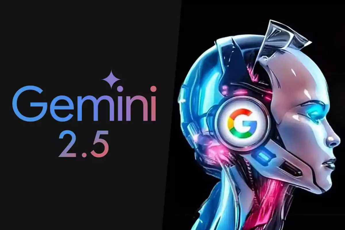 Gemini 2.5 logo next to a futuristic illustration of an android with technological details and the Google logo on its ear