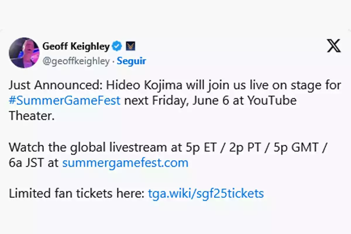 Publicación de Geoff Keighley anunciando que Hideo Kojima estará en el escenario durante el Summer Game Fest el viernes 6 de junio en el YouTube Theater, con información sobre la transmisión global y venta de boletos para fans Publicación de Geoff Keighley anunciando que Hideo Kojima estará en el escenario durante el Summer Game Fest el viernes 6 de junio en el YouTube Theater, con información sobre la transmisión global y venta de boletos para fans