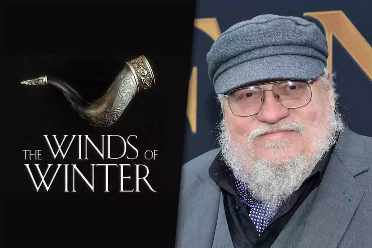 Image split into two parts: on the left is the cover of The Winds of Winter with a decorated horn, and on the right is an older man with a white beard, glasses, and a gray cap.