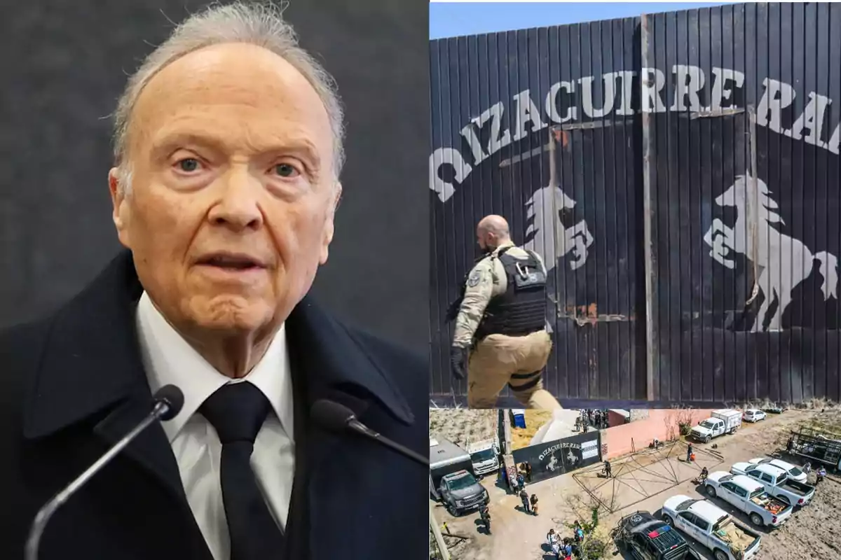 Un hombre mayor con traje oscuro habla frente a un micrófono, mientras que a la derecha se observa una puerta con el texto "Qizacuierre" y un emblema de caballo, además de una persona con uniforme militar y una vista aérea de vehículos y personas en un área abierta.