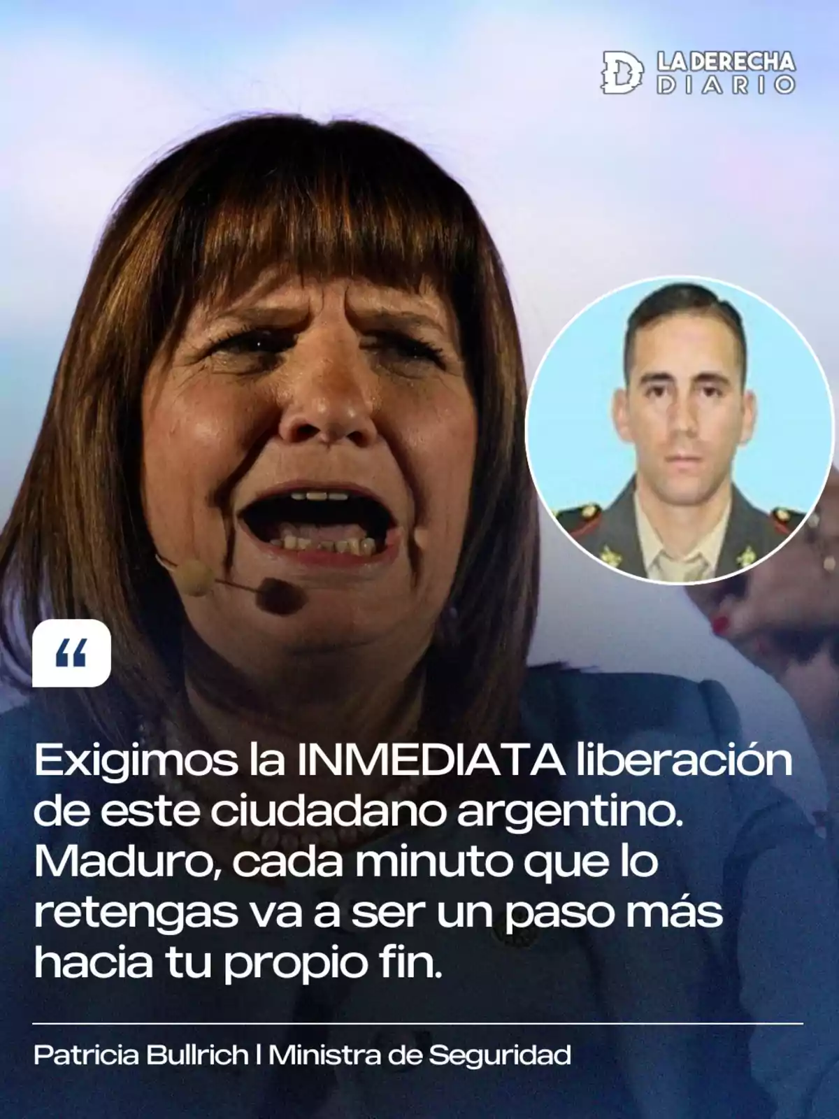 Una mujer hablando con un texto que exige la liberación inmediata de un ciudadano argentino, con un logotipo de 