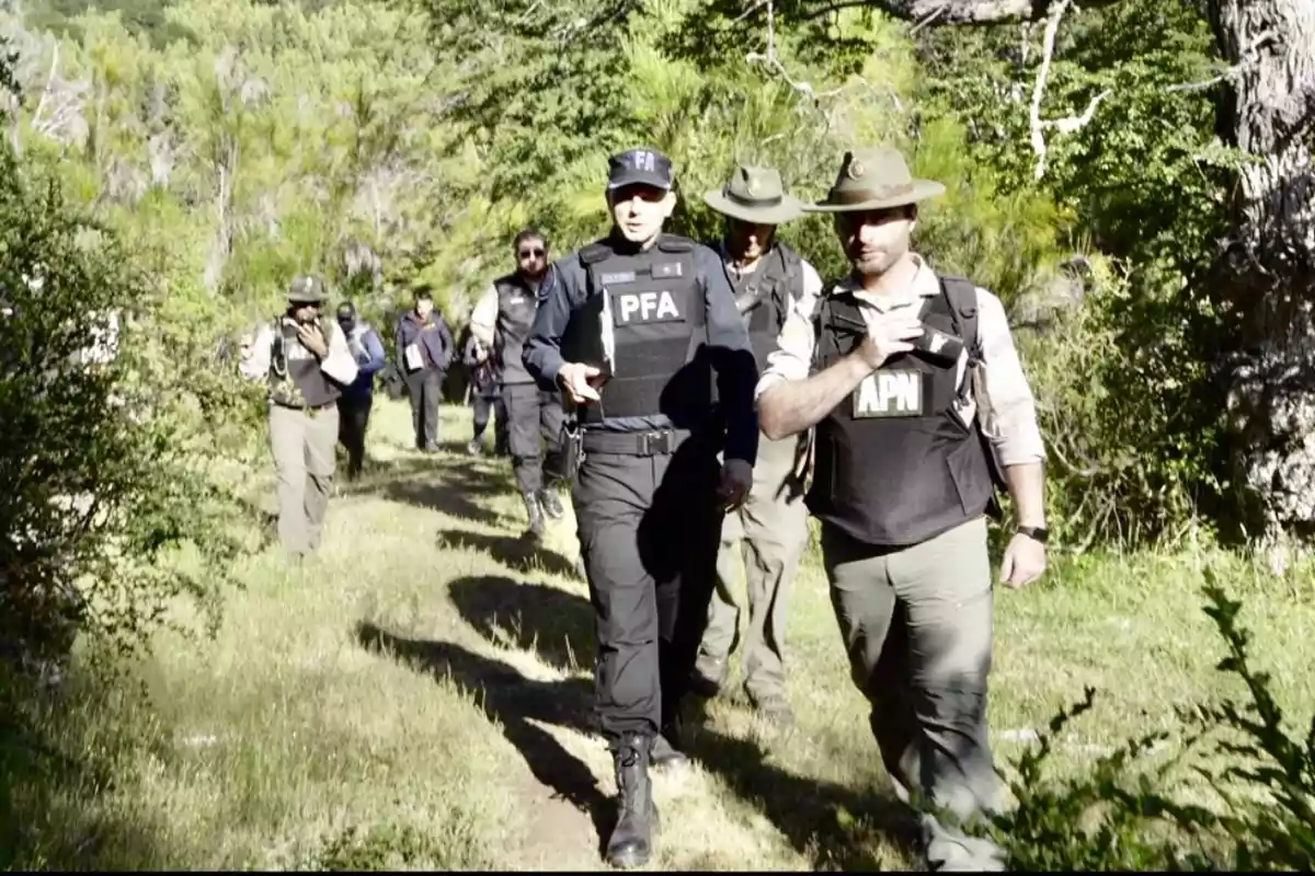 Un grupo de personas con chalecos de la PFA y APN camina por un sendero rodeado de vegetación.