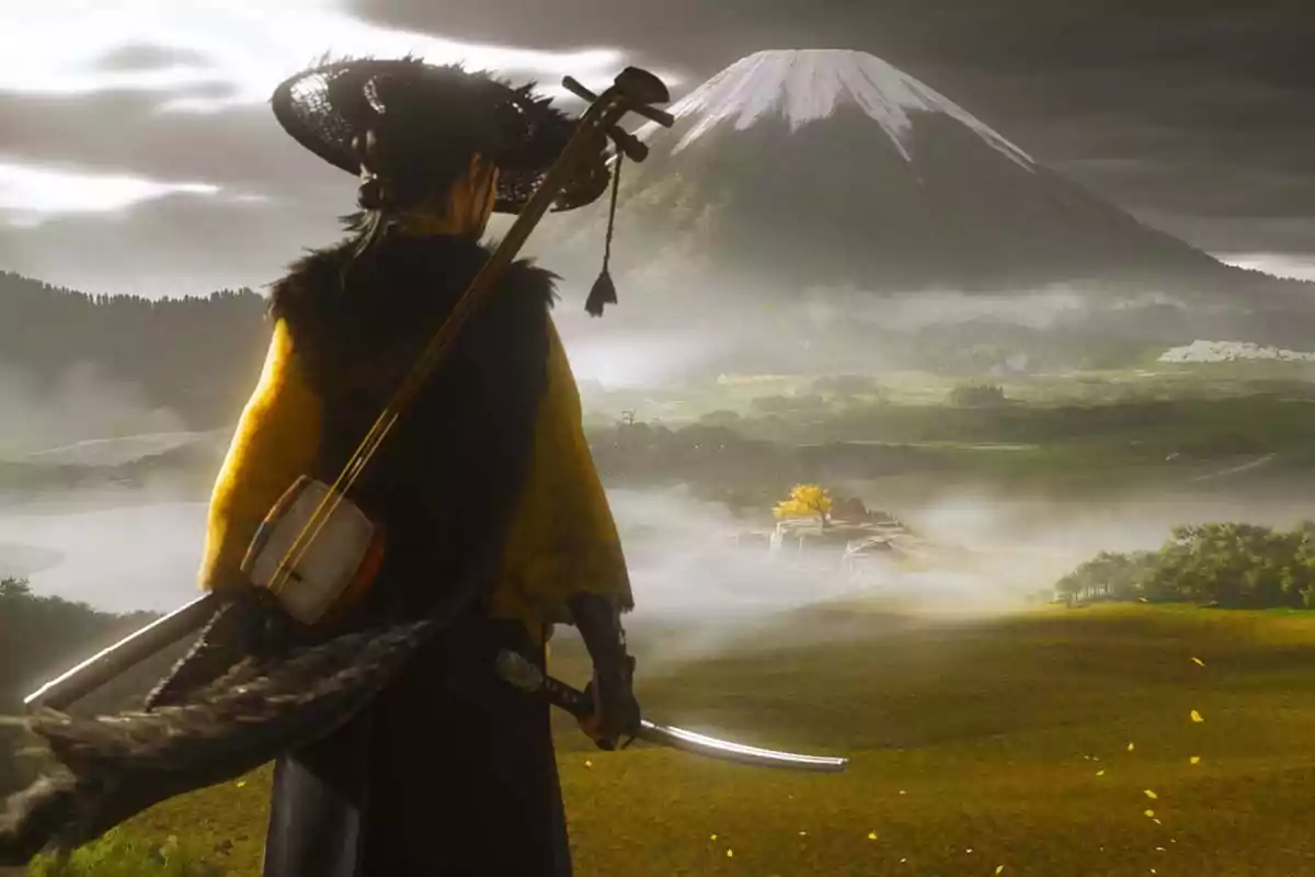 A samurai seen from behind observes a mist-covered mountainous landscape with a volcano in the background and a lit house in the valley. A samurai seen from behind observes a mist-covered mountainous landscape with a volcano in the background and a lit house in the valley.