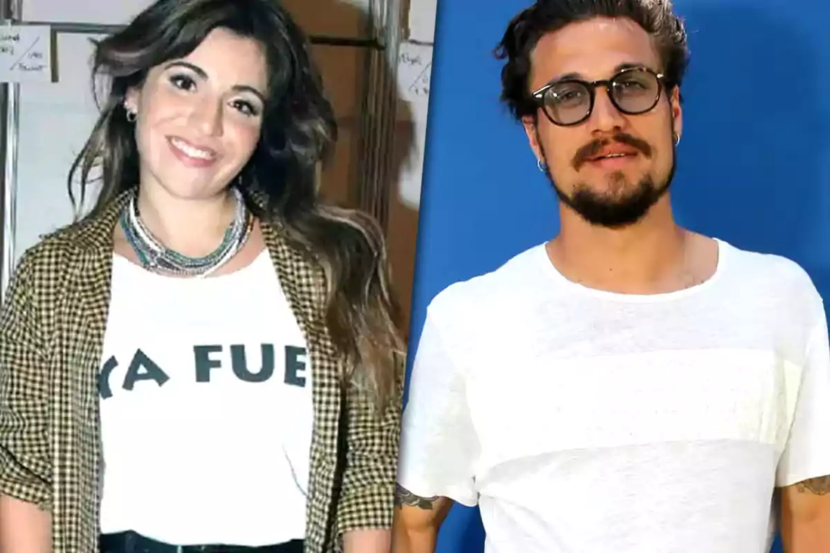 A smiling woman with long, loose hair is wearing a white t-jersey and a plaid jacket, next to a bearded man with glasses who is wearing a white t-jersey in front of a blue background.