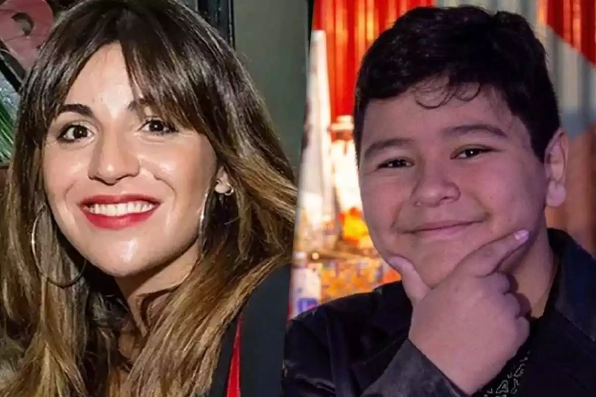 Dos personas sonrientes posando para la cámara, una mujer a la izquierda (Gianinna Maradona) y un niño a la derecha (Dieguito Fernando).