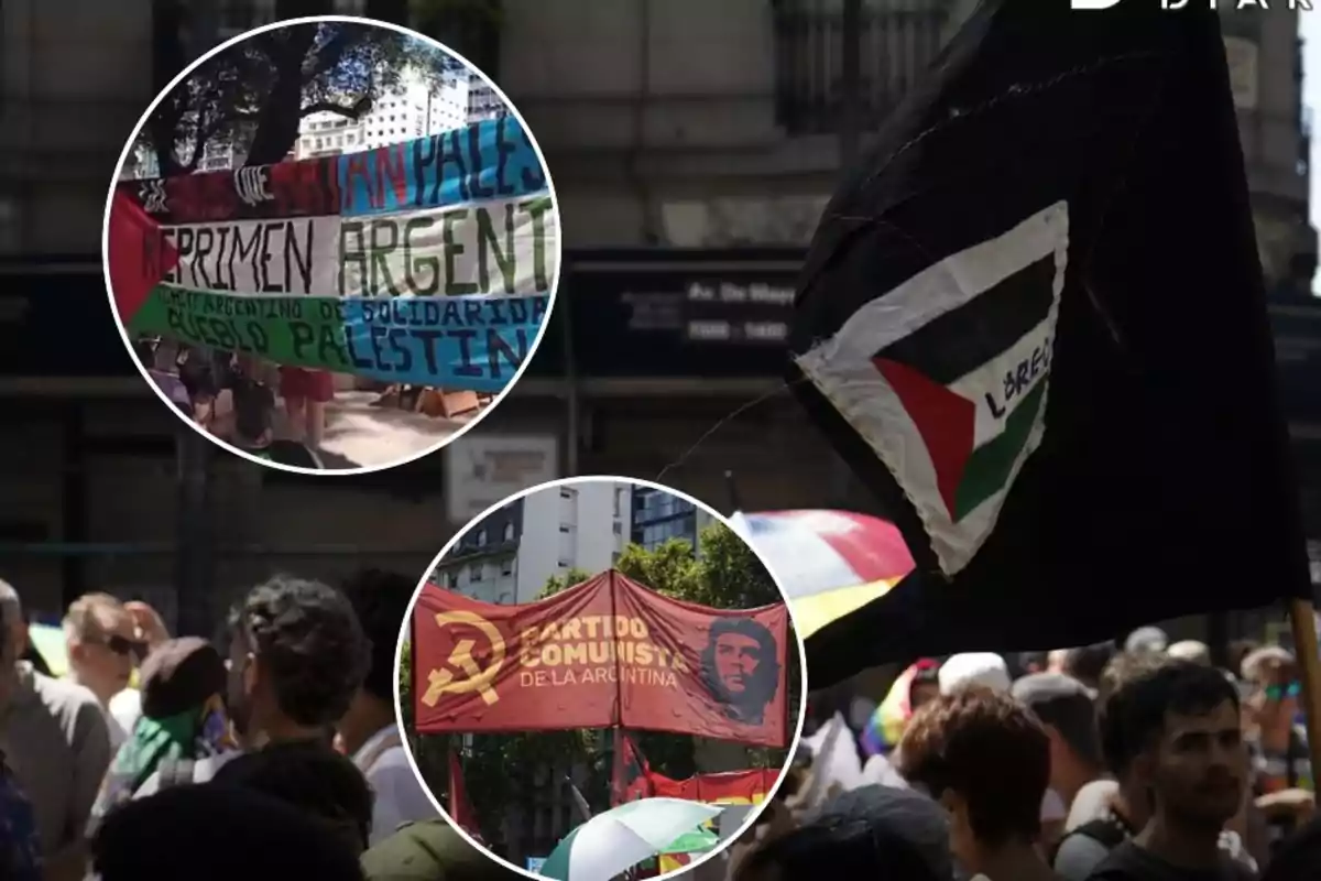 Una manifestación con banderas y pancartas de apoyo a Palestina y del Partido Comunista de Argentina.