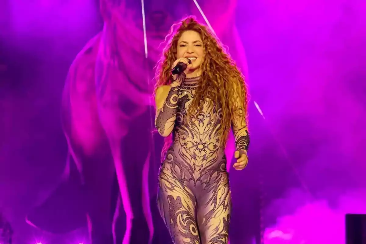 Una cantante con un traje decorado y micrófono en mano, sobre un escenario iluminado con luces púrpuras.