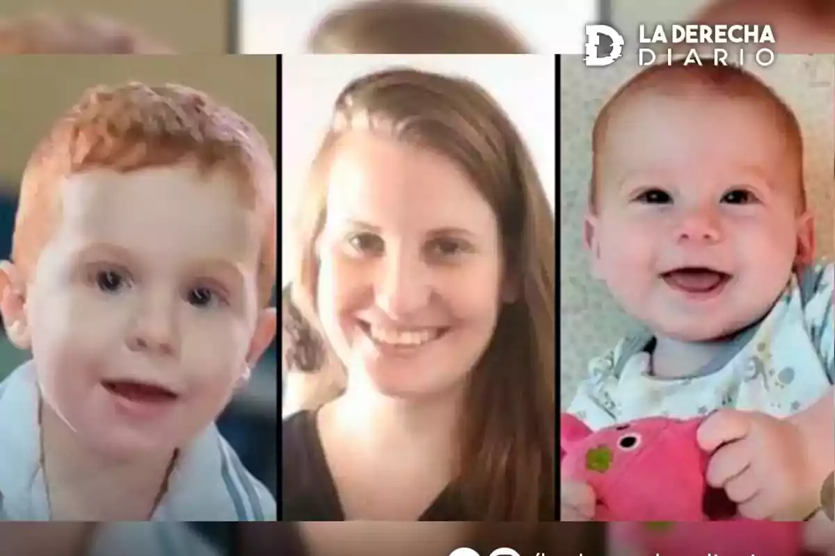 Tres retratos enmarcados de dos niños y una mujer sonriendo, con un logotipo en la esquina superior derecha.