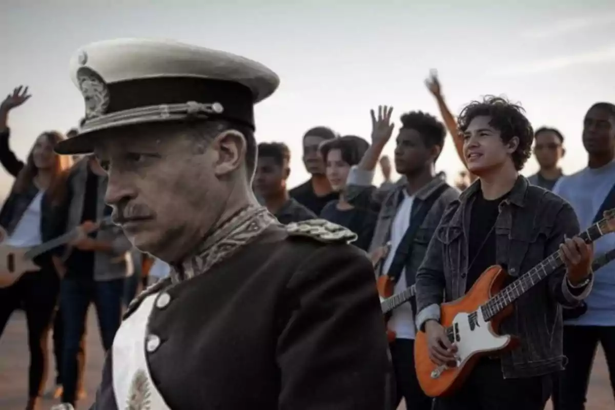 Un hombre con uniforme militar aparece en primer plano mientras un grupo de jóvenes con guitarras eléctricas está al fondo.