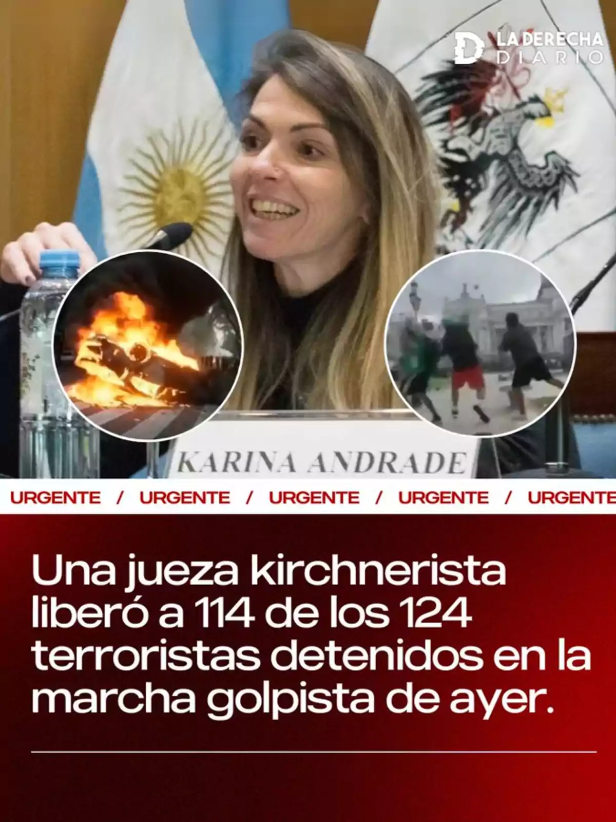 Una mujer sonriente está sentada frente a un micrófono con banderas argentinas detrás. Hay dos imágenes circulares superpuestas: una muestra un auto en llamas y la otra a personas en una confrontación. Un texto en la parte inferior menciona la liberación de detenidos en una marcha.