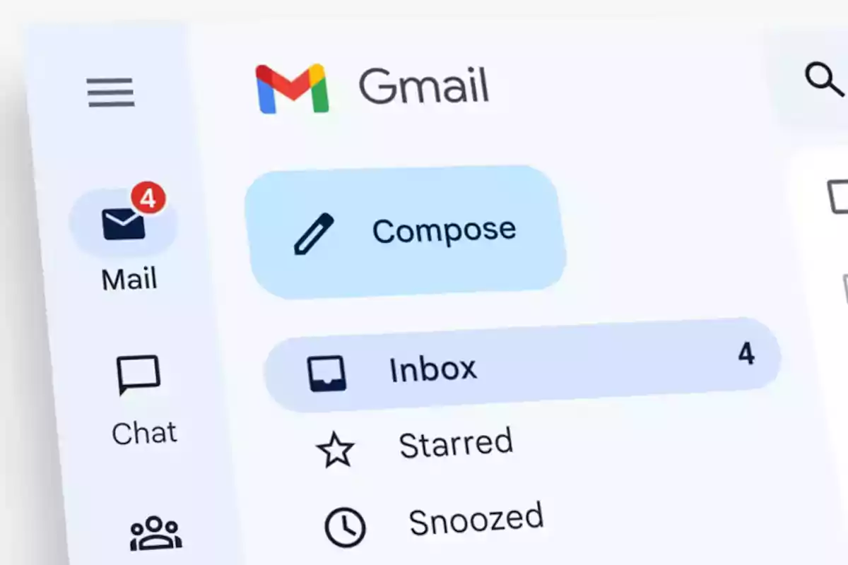 Interfaz de Gmail mostrando el botón de redactar, la bandeja de entrada con cuatro correos y una notificación de cuatro mensajes nuevos Interfaz de Gmail mostrando el botón de redactar, la bandeja de entrada con cuatro correos y una notificación de cuatro mensajes nuevos