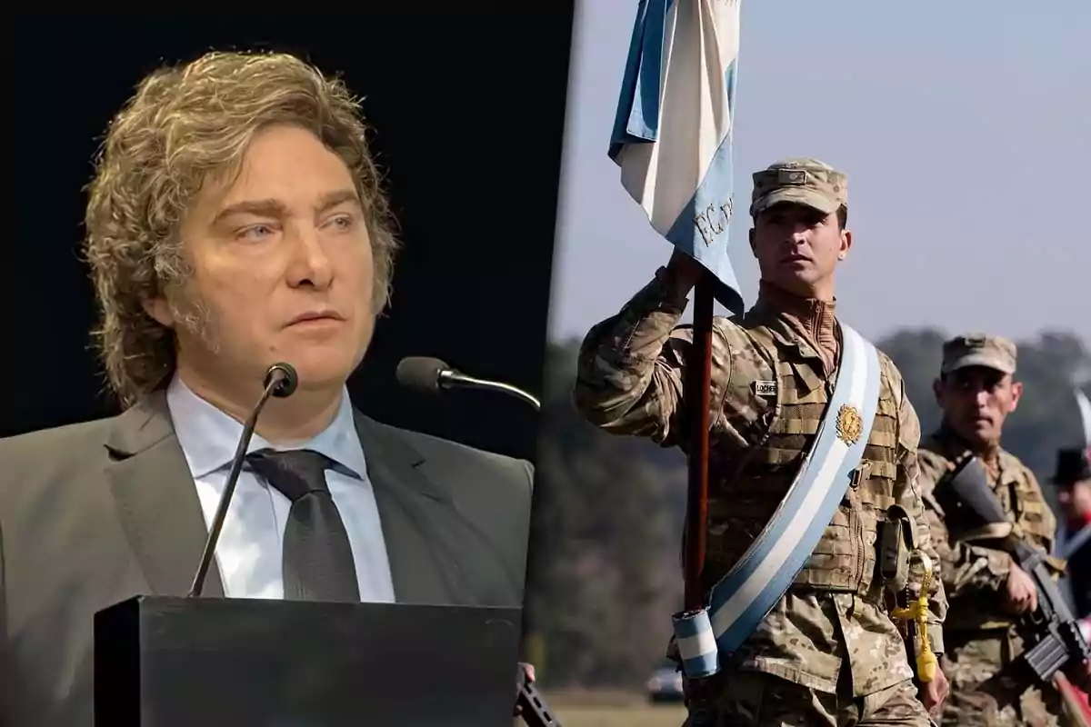 Javier Milei speaks at a podium with microphones, while next to him a soldier in military uniform holds a flag.