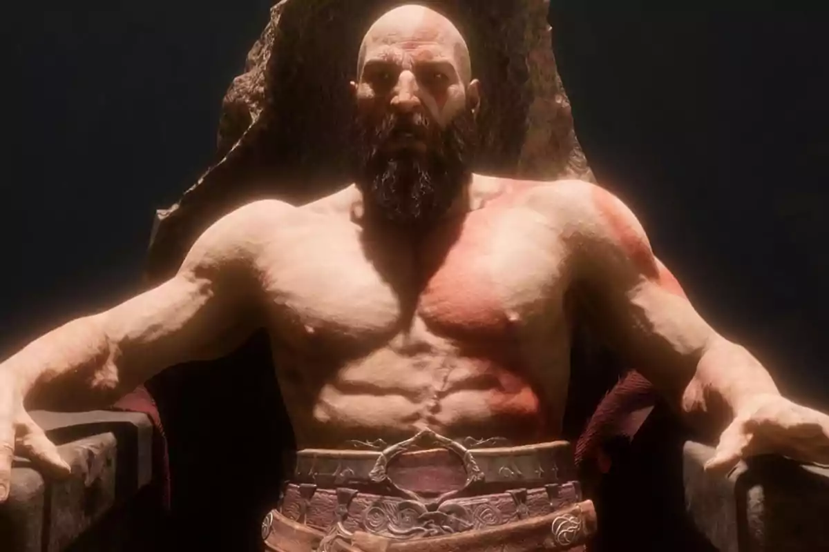 Muscular, bald man with a beard sitting on a stone throne with a serious expression