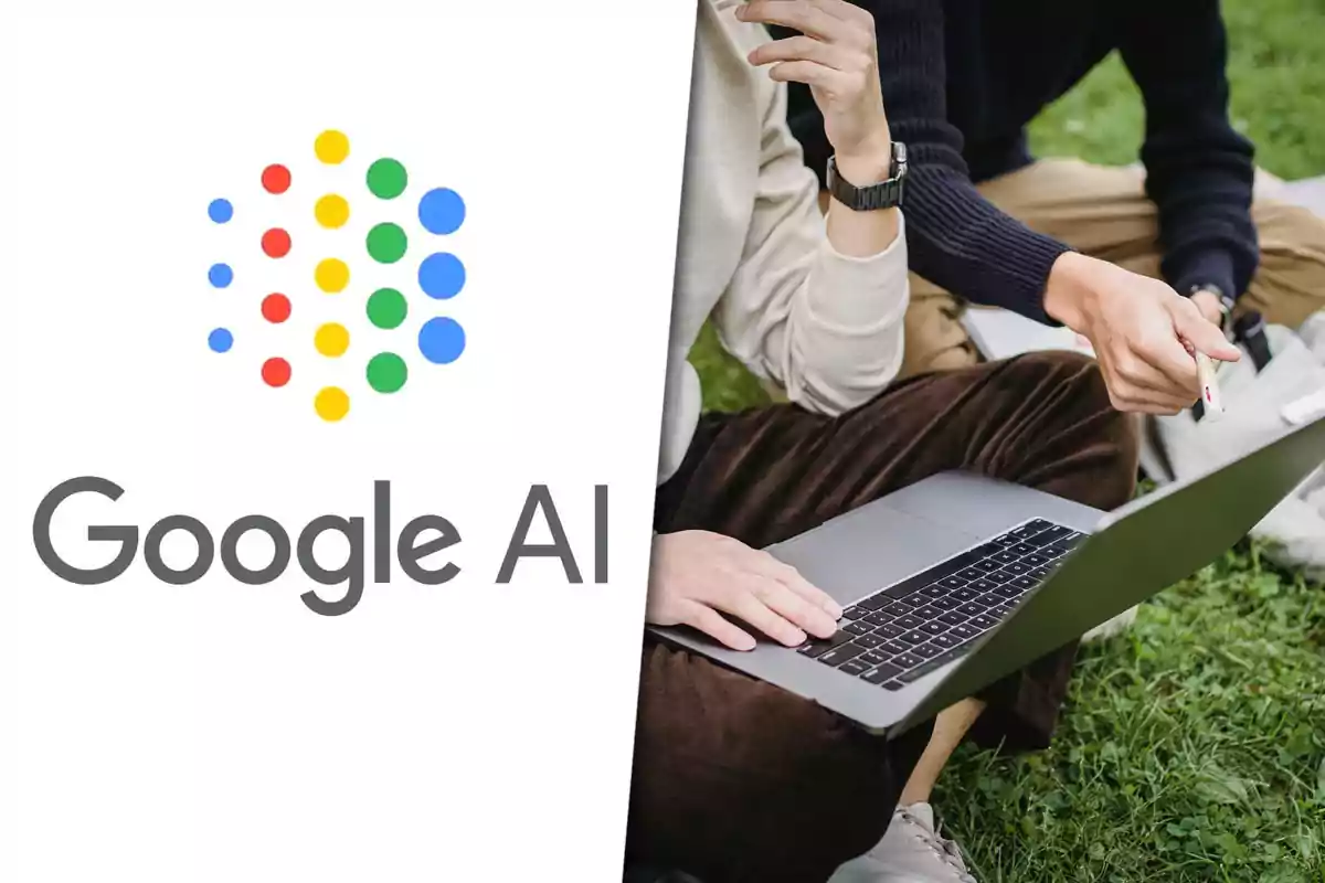 Google AI logo next to two people using a laptop sitting on the grass