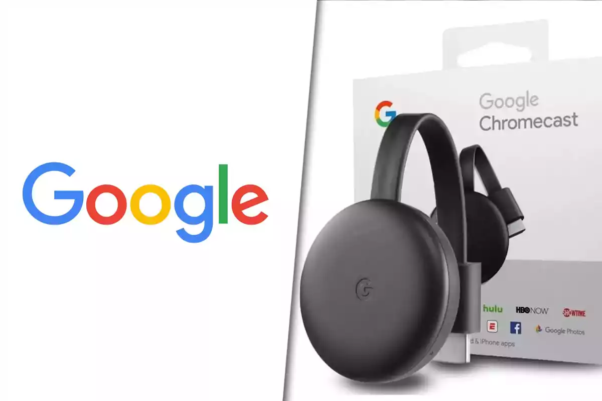 Google logo next to a Google Chromecast device in its box.