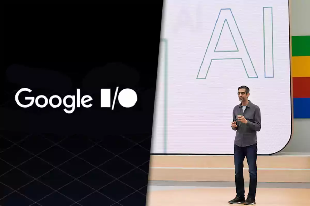 A person on a stage next to a large sign that says "AI" and the Google I/O logo.