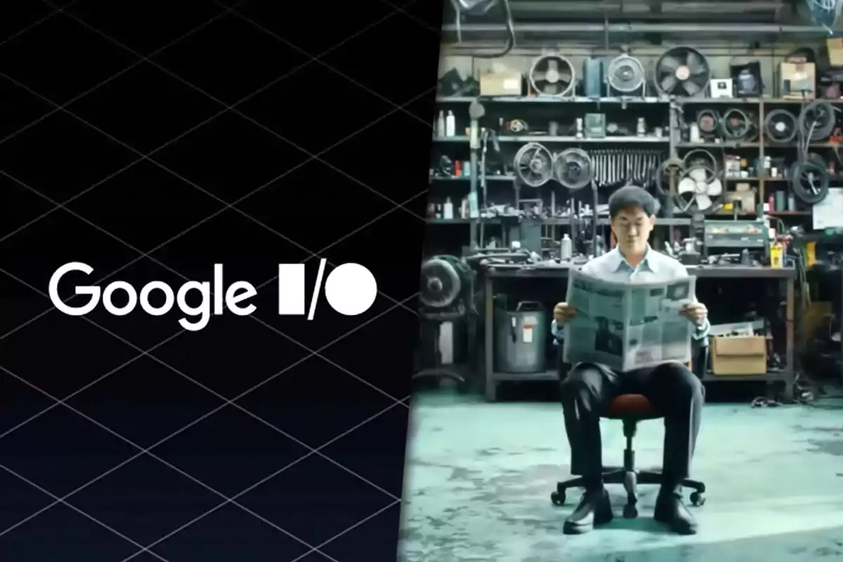 Hombre leyendo un periódico en un taller mecánico junto al logo de Google I/O.