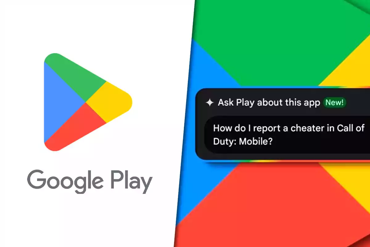 Google Play logo next to a screen displaying a question about how to report a cheater in Call of Duty Mobile