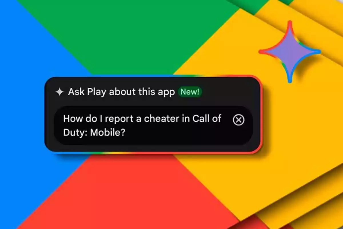 Google Play pop-up window with the question about how to report a cheater in Call of Duty Mobile over a colorful geometric background Google Play pop-up window with the question about how to report a cheater in Call of Duty Mobile over a colorful geometric background