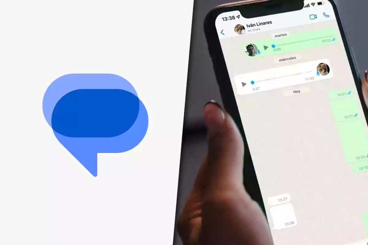 A hand holds a mobile phone displaying a chat conversation with voice and text messages next to a messaging app logo on a white background.